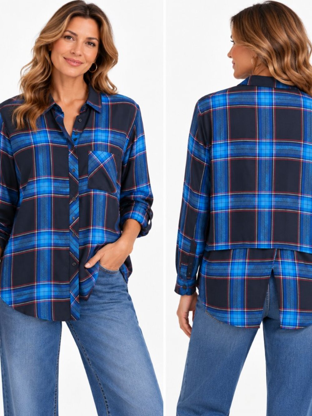 BeachLunchLounge Blue Plaid Button Down Shirt Relaxed Boyfriend Coastal Casual